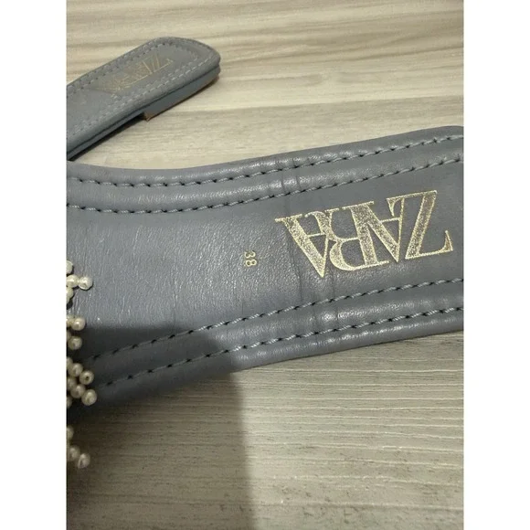Zara Women's Light Blue Slides Sandals EU Sz 38 US Sz 7 Pearl Detailing Feminine - Picture 5 of 6